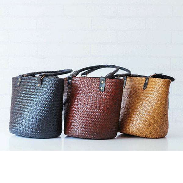 Summer Thai version of pure hand-woven women's straw weaving package holiday beach shoulder bag hand-held rattan weaving bucket bag