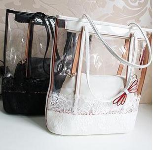 Female Summer PVC Transparent tote Womens Beach Bags Fluorescent Handbags Fashion Lace Button Edge black white free shipping