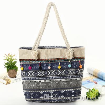 New popular ethnic wind canvas print shoulder bag shopping tassel rope bag beach bag