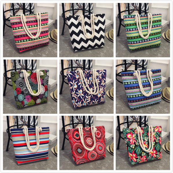 New Multi Colors Beach Bag explosion models simple wild shoulder bag wavy stripes print multiple style canvas bag Linen Rope Handbags