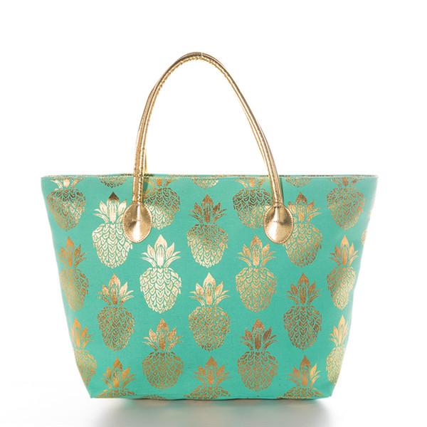 Summer Large Beach Bag Metallic Gold Pineapple Beach Tote Bag With Leather Handle Canvas Beach Shoulder Bag