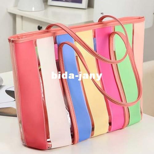 free shipping 2013 summer high quaity beach bag transparent big rainbow jelly handbag women's handbags shoulder bags