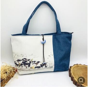 Hand-painted Chinese style linen Hanfu bag blue and white porcelain buckle shoulder shoulder flower mosaic cotton canvas bag