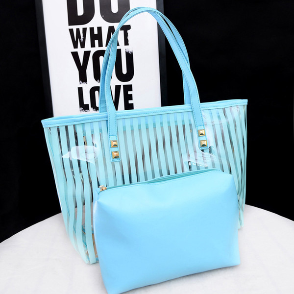 2018 New Summer Casual Fashion Beach Bag + Shoulder Messenger PVC Jelly Transparent Picture Handbags Bag (Rose Red/Blue/Pink) 44X29X11cm