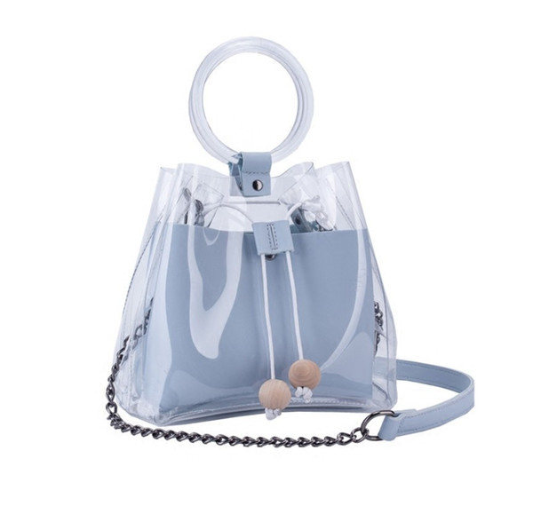 Summer Fashion PU Leather Handbags with Clear Transparent PVC Shopping Bag Plastic Beach Totes Shoulder Handbag