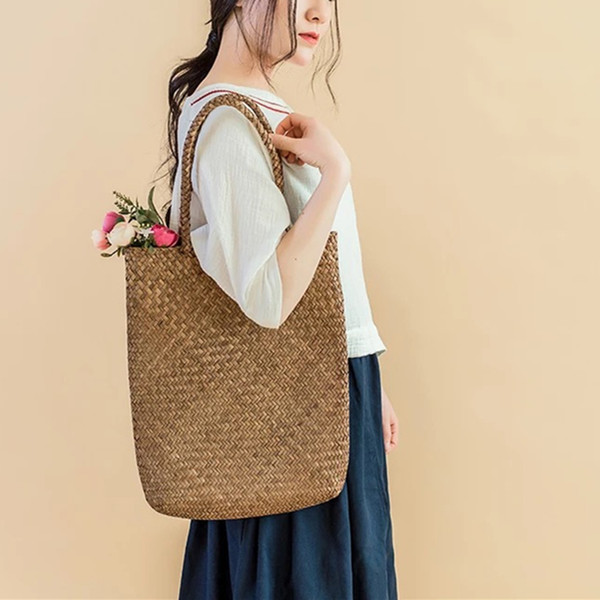 Fashion INS Hot Women Beach Bags Top Handle Handbag Vintage Ladies Straw Tote Shopping Bags Large Capacity Concise Rattan Portable Commuter