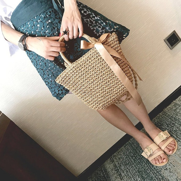 2018 Summer Straw Beach Shoulder Bag Women Basket INS Hot Sale Natural Bohemian Small Tote Bow Cute Drawstring Handbag Weave Wholesale