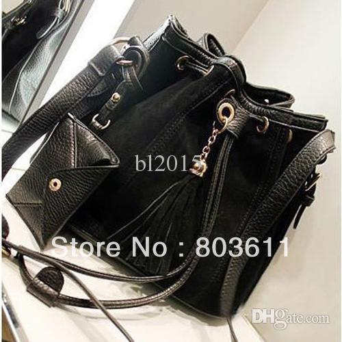 Fashion PU leather Women Tassel Scrub Bucket Bag one shoulder cross-body bag Black/Blue/Rose 3 colors