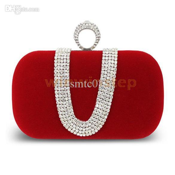 BS#S Red Evening Bag Rhinestone Clutch Ring Bridal Party Handbag Shoulder Chain