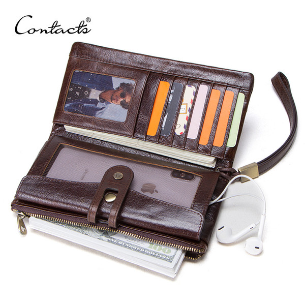 CONTACT'S men's long wallets genuine leather card holder women purse for cell phone man clutch high capacity wallet hasp design