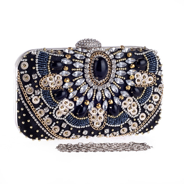 Black Retro Evening Clutch Bags Rhinestones Beaded Clutch Bag Wedding Party Clutches Purse Chain Handbag