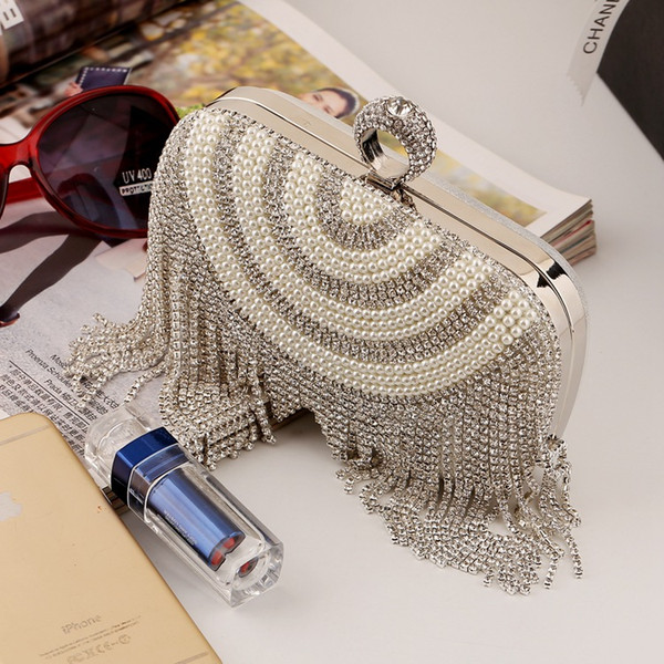 New Women's Banquet Clutch Fashion Pearl Ring Diamond Evening Bag Rhinestone Tassel Wedding Party Bridal Handbag Shoulder Bag