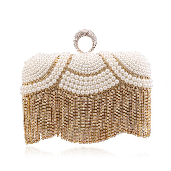 New Retro Fashion Handmade Beaded Women Party Ring Hasp Evening Bag Luxury Pearl Tassel Diamond Wedding Handbag Day Clutches