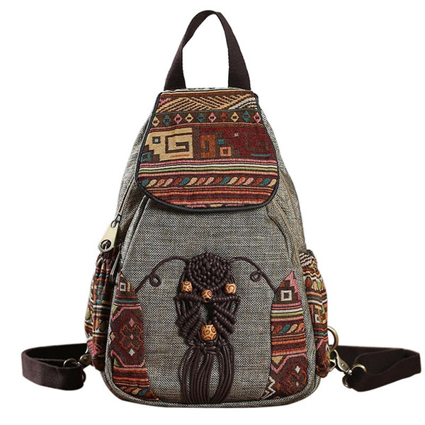 Women Backpack Female Vintage Handmade Backpacks For Girls Mini Backpack National Style Geometrical Printed Canvas Bagpack