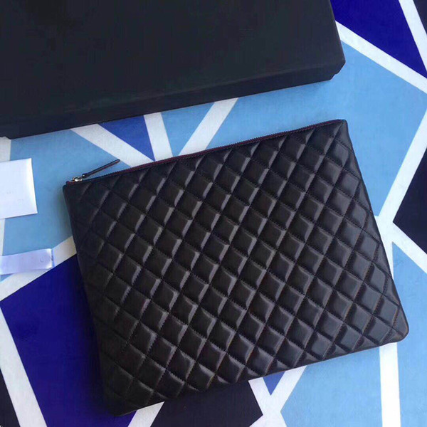 Highest Quality Women's 33cm Fashional Designed Lambskin Leather Clutch Bag Ipad Bag Quilted Zipper Handbag