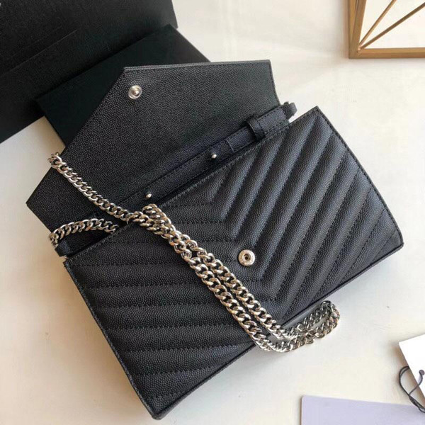 freeship women's top quality leather handbag luxury brand caviar square striped bag metal chain shoulder bag caviar real cowhide with box