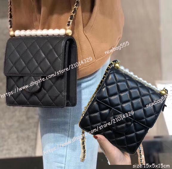 Free shipping pearl bag women genuine leather mini crossbody bag single chain shoulder bags black white lambskin messenger purse square flap