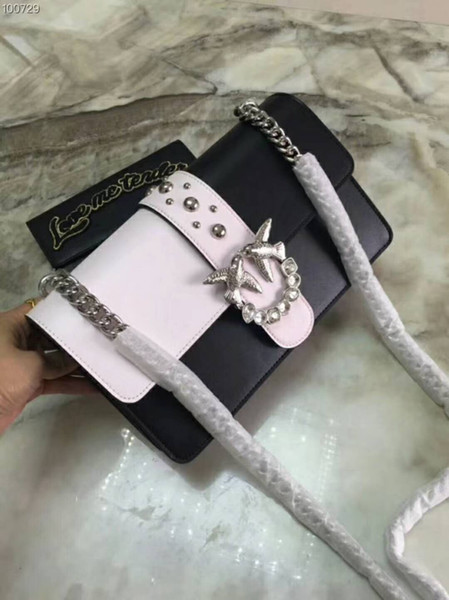 Pinko Genuine Leather chains Cross Body bag Women luxury brand designer black/white Shoulder Bags Europe Style evening clutch/ banque bag