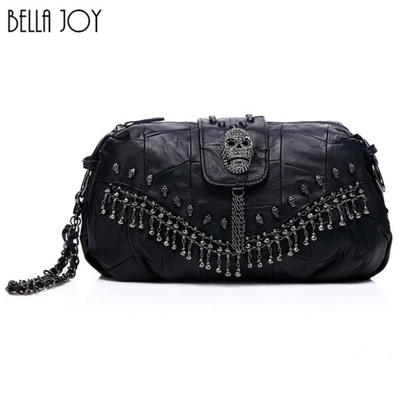 BELLA JOY Famous Designer Women Genuine Leather Handbags Skull Rivet Bag