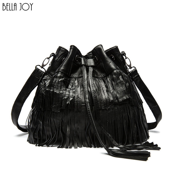 BELLA JOY Fashion Women Genuine Leather Tassels Bags Hobo Handbags Shoulder Tote Ladies Women Messenger Bags