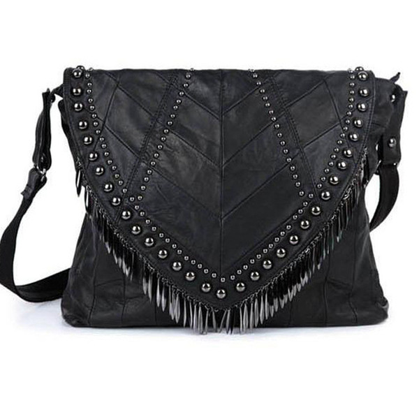 Bella Joy Genuine leather hobo bags lambskin women handbags rivet real sheepskin punk stud big bag Large Natural Leather Bag
