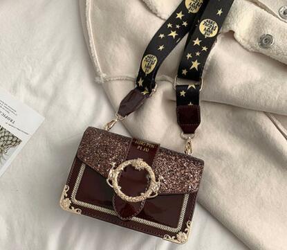 Ins spring bag ladies 2019 new one shoulder cross body bag girls sequin wide shoulder strap small square trampoline ladies bag