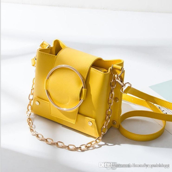 2019 new ladies fashion metal ring small square bag mini yellow bag shoulder slung chain retro handbag