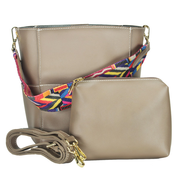 Durable PU Leather Bucket Bag Crossbody Shoulder Handbag with Colorful Strap and PU Long Strap and Big Pouch