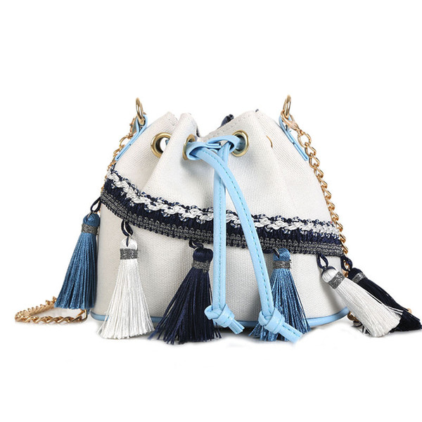 Women Tassel Drawstring Casual Canvas Shoulder Bags Girls Mini Chian Bag Purse Crossbody Bags Wallet DK57