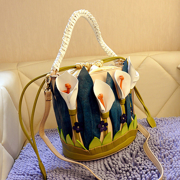 Linion Fashion Women Girls Crossbody Bucket Handbags Lady Shoulder Messenger Composite Bags High Quality Beautiful Calla Lily Flowers Design