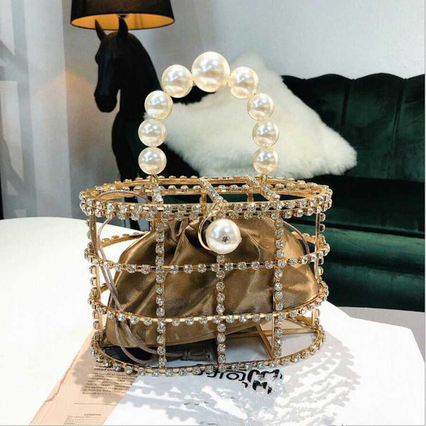Luxury Diamonds Evening Bag Women's Handbag Designer Bead Pearls Handle Bags Totes Lady Charm Clutch Busket Cage Gold Party Bag