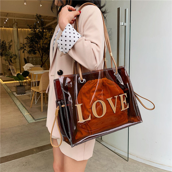 2019 Luxury Handbags Women Bags Designer Tote Large-Capacity Brown Shoulder Bags Wild PVC Clear Transparent Bag Bolsas#H25