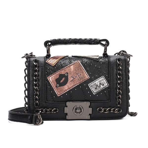 Women Chains Messenger Bags New Vintage Bag Of Ladies Crossbody Bag For Women Small Rivet Handbags Shoulder Bags(black)