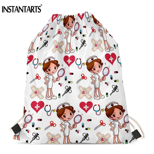 INSTANTARTS Newest Drawstrings Bag Cartoon Nurse Girls Printing Casual Women Fitness Shoulder Backpack Light Shopping Bags Soft