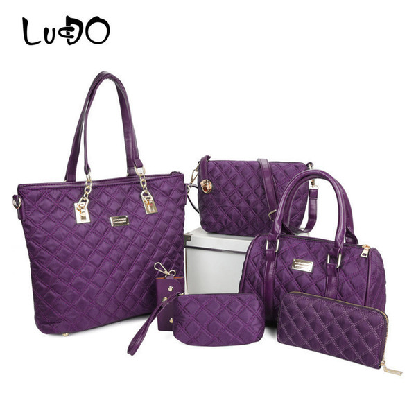 LUCDO 6 Pcs/Set Women Fashion Diamond Lattice Plaid Handbag Casual Composite Shoulder Top-Handle Bags Large Capacity Oxford Tote