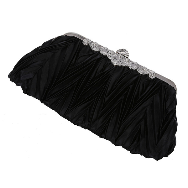 Satin Pleat Black Bridal/Evening/Party Clutch Handbag w/ Rhinestones Style