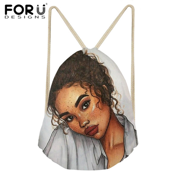 FORUDESIGNS Drawstring Bags for Women Black Art African Girls Printing Beach Bag Ladies Mini String Bagpack Children Book Bags