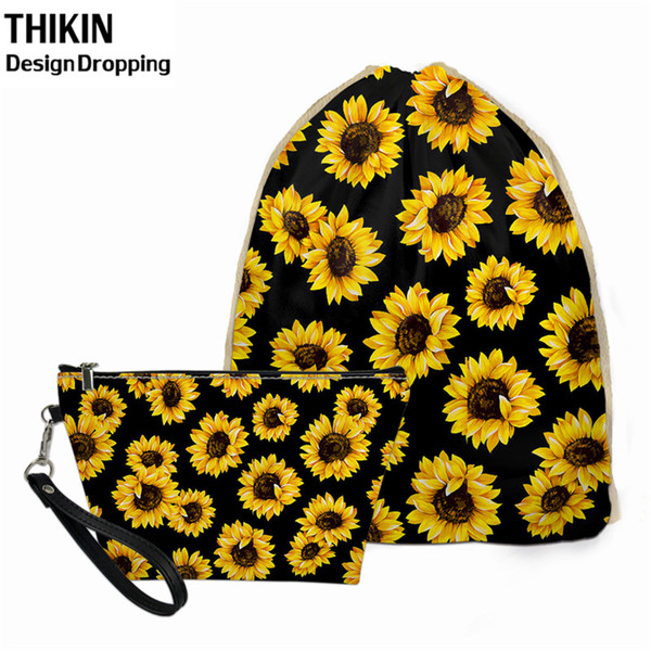 THIKIN 2pcs Women Travel Drawstring Bag Beauty Sunflower Design Cosmetic Box Small Mochilas Storage Dust-proof Bags for Kids