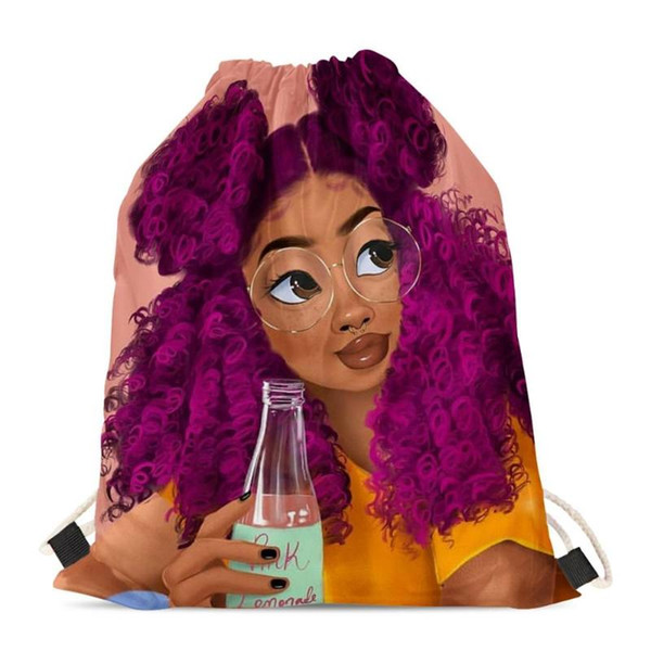 HYCOOL String Pouch Bag for Women Pink Cute African Girl Drink Lemonade Print Teenager Girls Drawstring Bag Female Gym Rucksack