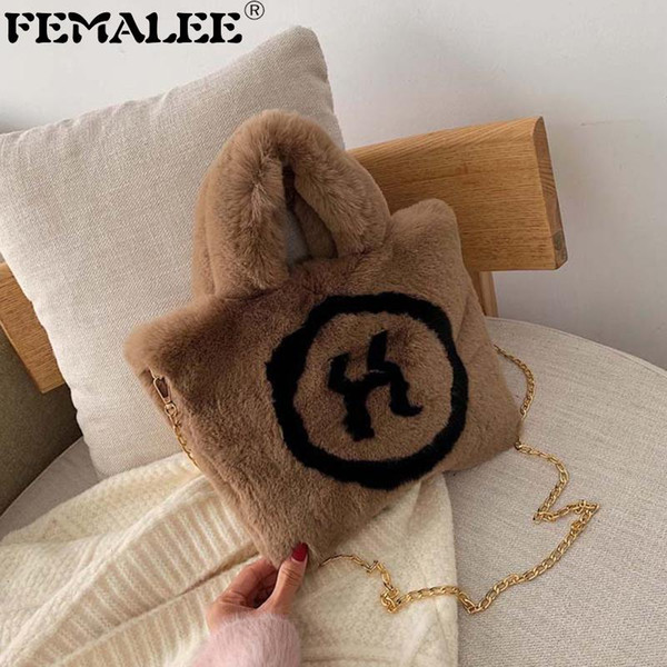 Faux Fur Crossbody Bags For Women 2019 Solid Color Winter Shoulder Messenger Bag Lady Warm Letter Printed Handbags Female Totes