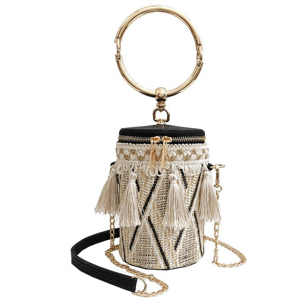 Summer Fashion New Handbag High quality Straw bag Women bag Round Tote Hand Ring Tassel Chain Shoulder Travel bag(Khaki)