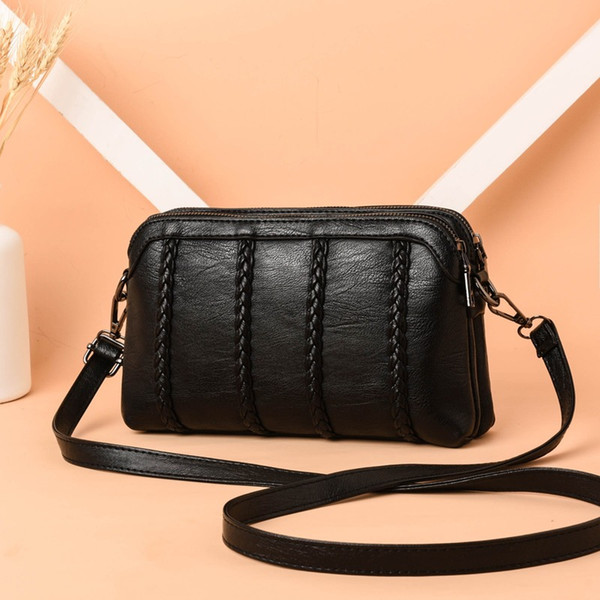 Zip Woven PU Women's Bag, Solid Color Soft Square Bag, Horizontal Square Women's Shoulder Bag