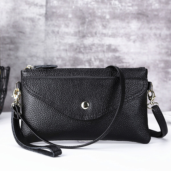 Women's Solid Candy Color Genuine Leather Shoulder Bag Wave Edge Female Outer Buckle Handbag Phone Bag Zipper Coin Purse