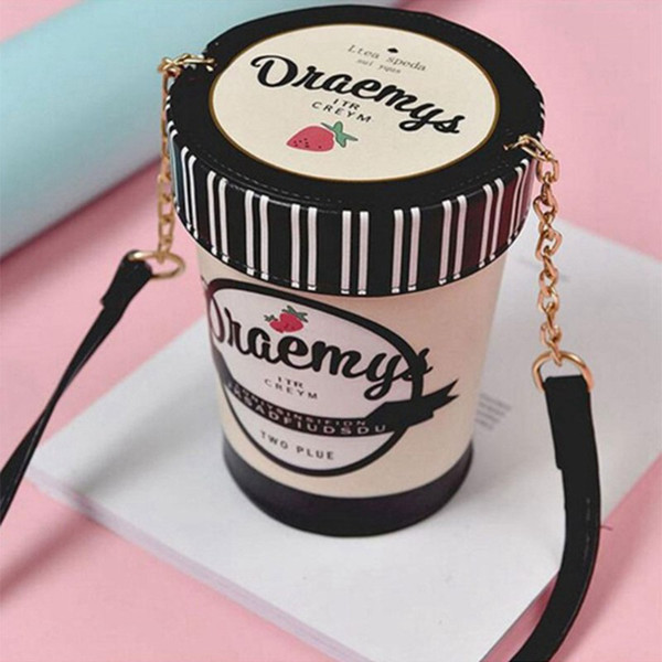 Sweet Girl's Cute Ice Cream Barrel Shoulder Bag Letter Printed Cross Body Bag Bucket Black