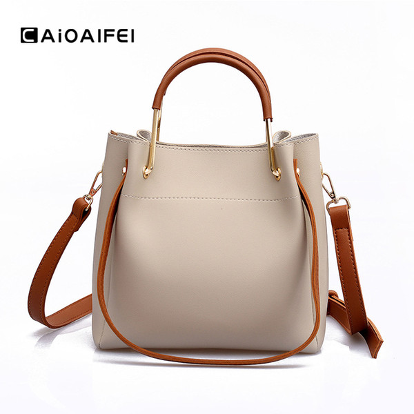 CAIOAIFEI new fashion women bucket bag solid PU leather handbags totes high quality female shoulder crossbody messenger bag