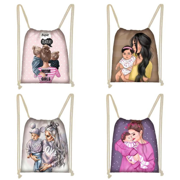 Twoheartsgirl Cute Super Mama Print Drawstring Bag Women Storage Bag for Travelling Princess Girls Casual Backpack Softback