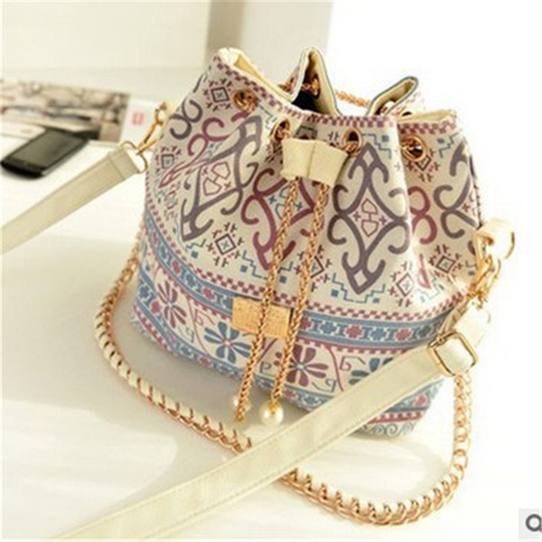 2019 explosion models pearl pendant bucket bag national wind canvas print cloth bag shoulder bag