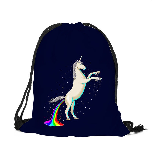 39x30cm Funny Harajuku Cute Cloth Drawstring Bags Canvas Kawaii Storage Bags Backpack 3d Print Womens Gift Bag Black Color Horse