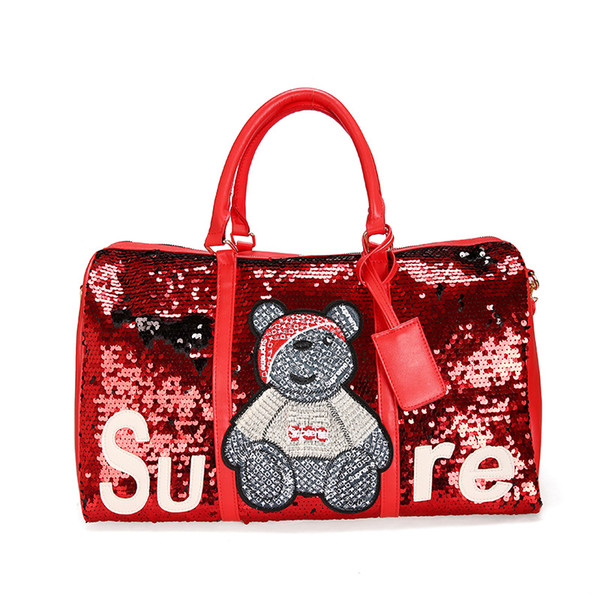 Women Sequins letter Fitness Travel Handbag Outdoor Separate Space unisex sports Personalized embroidered bear large capacity bag QQA420