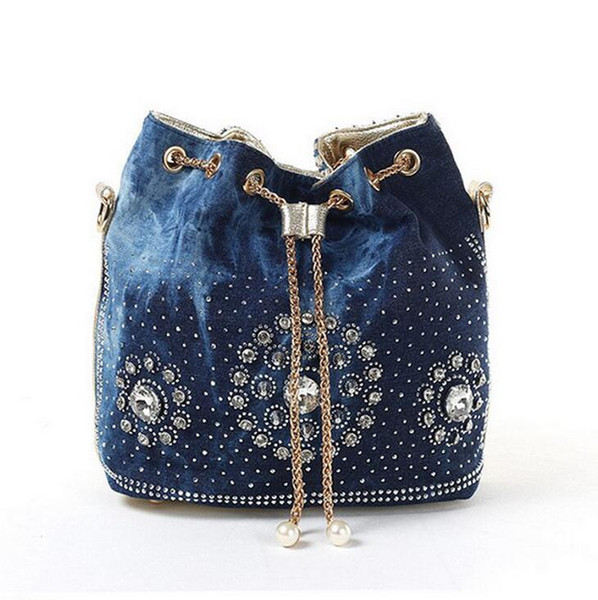 Wholesale brand women fashion woven leather bucket bag personalized diamond chain bags denim canvas shoulder bag fashion rhinestone bag